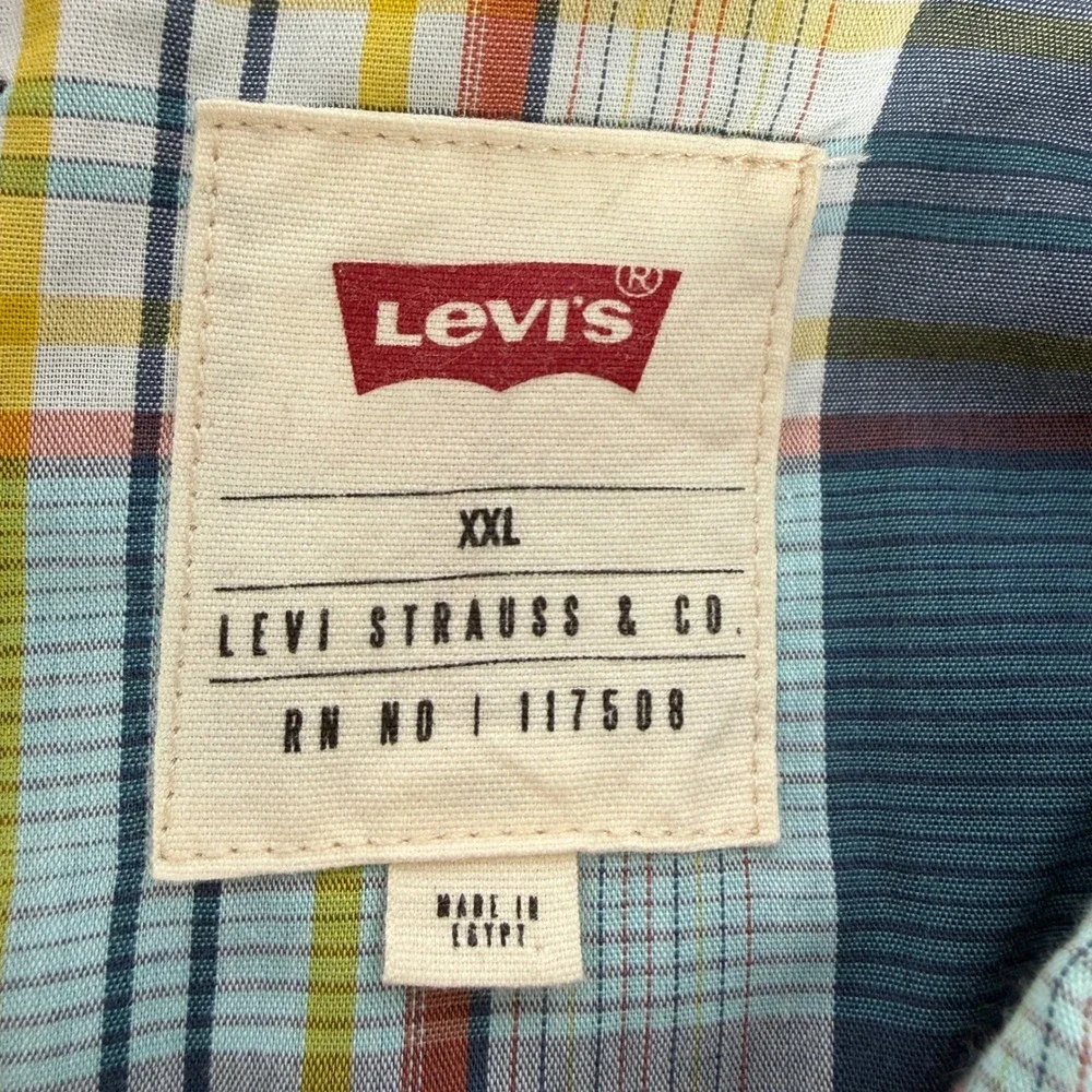 Vintage Levis Mens Western Pearl Snap Shirt Plaid Teal Blue Long Sleeve XXL